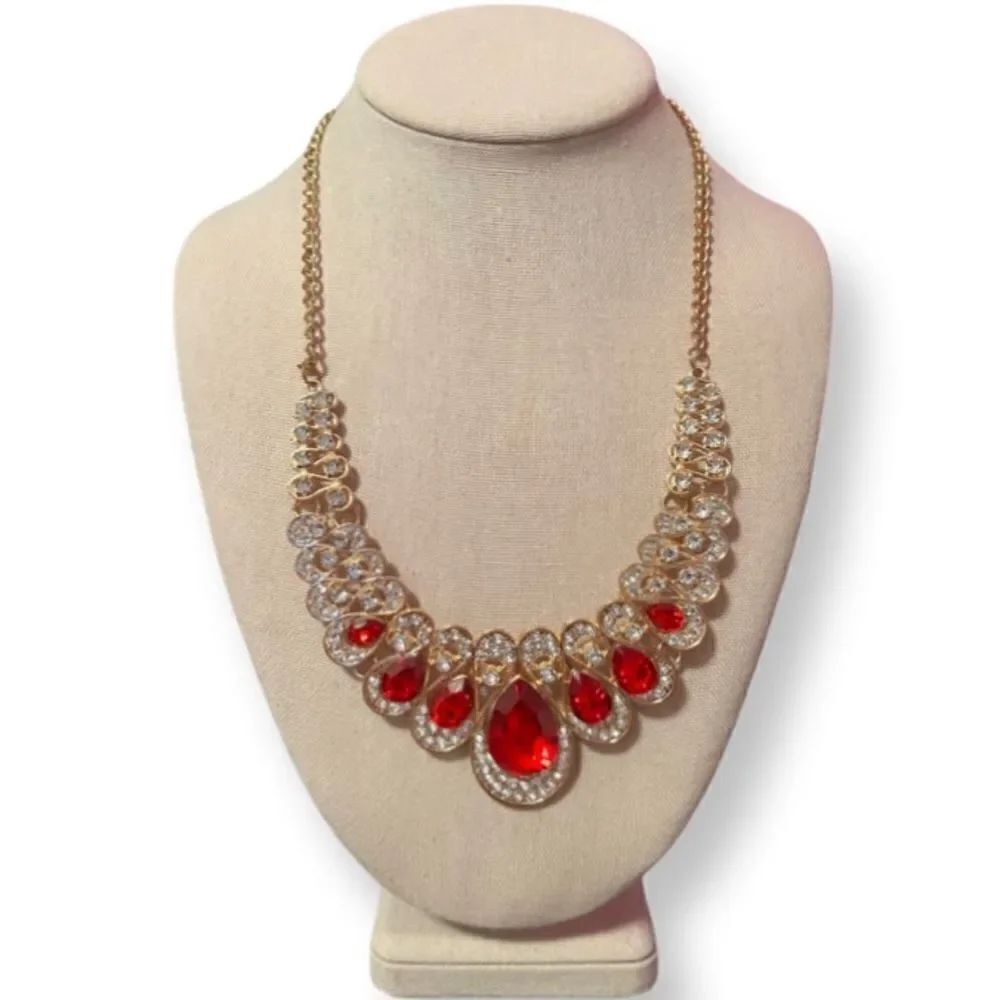 Red And Clear Rhinestone Gold Tone Statement Necklace